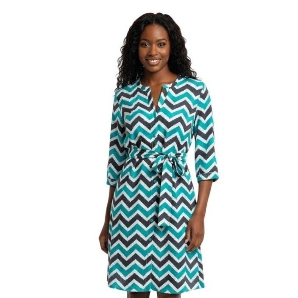 Tacera Womens Chevron Print Tunic Shirt Dress Maximalist Zig Zag‎ Tie Waist Sz M